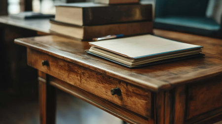A wooden office table with a drawer open just enough to reveal a stack of important documents and a notebook, highlighting an organized space.の素材