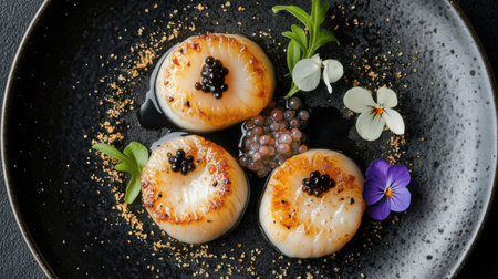A top-down shot of perfectly cooked scallops with a sprinkle of caviar and a decorative flower for an elegant finish.の素材