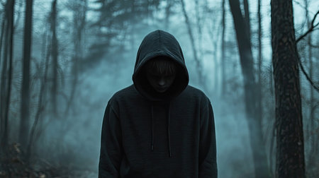 A young boy with a dark sweatshirt and hood, walking through a foggy forest, his face hidden under the hood, adding an air of mystery.の素材