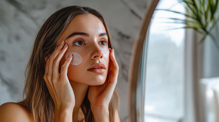 A woman with long hair, touching her face while examining her skin in the mirror, highlighting her healthy glow and skincare routine.の素材