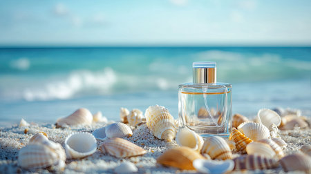 A perfume bottle surrounded by seashells on the beach, with the vast ocean in the background, creating a soothing, elegant vibe.の素材