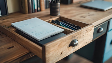 A wooden office table with an open drawer, showing neatly arranged documents, a notebook, and a set of pens, evoking an organized workspace.の素材