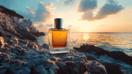 A perfume bottle on a rocky surface with the sea and a bright sky in the background, exuding a sense of adventure and elegance.の素材