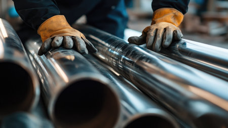 A worker wearing safety gloves and inspecting shiny silver steel pipes on a construction site, ensuring the material quality before installation.の素材