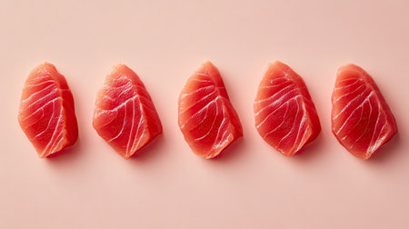 A top-down view of fresh tuna slices placed symmetrically on a simple, plain background.の素材