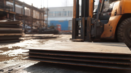 Close-up of heavy metal sheets being moved with a forklift at a construction site, showing the scale and strength of materials used for industrial buildings.の素材