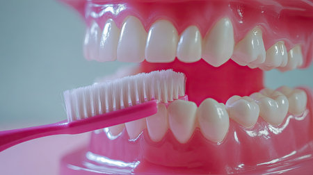 Close-up of a dental model of teeth, with a toothbrush in hand demonstrating the correct brushing technique for good oral hygiene.の素材