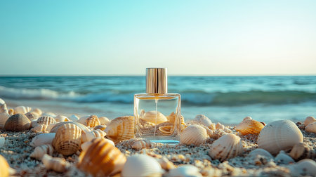 A perfume bottle surrounded by seashells on the beach, with the vast ocean in the background, creating a soothing, elegant vibe.の素材