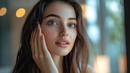 A woman with long hair, touching her face while examining her skin in the mirror, highlighting her healthy glow and skincare routine.の素材
