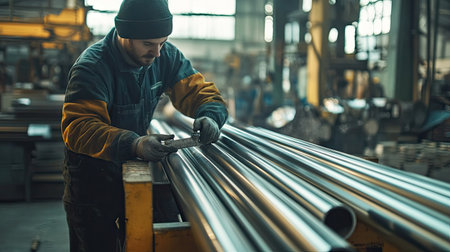 A worker measuring and cutting shiny silver steel pipes with precision tools in an industrial workshop, surrounded by materials ready for production.の素材
