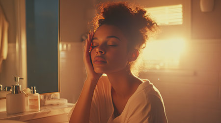 A young woman in her bathroom, softly massaging her face as she looks at her healthy skin in the mirror, glowing and fresh after a skincare routine.の素材