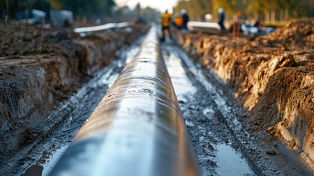 Shiny silver steel pipes arranged in a row on a construction site, reflecting the natural light as workers prepare to install them for an industrial project.の素材