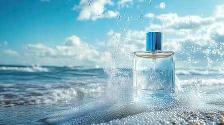 Close-up of a perfume bottle with a soft mist being sprayed into the air, with the tranquil sea waves and blue sky in the background.の素材