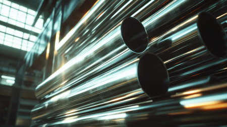 Shiny silver steel pipes stacked in large bundles at a warehouse, with sunlight filtering through, reflecting off the metal surfaces in an industrial setting.の素材