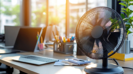 Close-up of a modern metal fan in an office setting, offering a refreshing breeze next to a desk with a laptop and office supplies.の素材