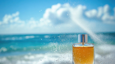 Close-up of a perfume bottle with a soft mist being sprayed into the air, with the tranquil sea waves and blue sky in the background.の素材