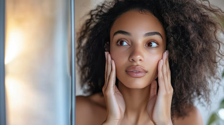 A young woman in front of a mirror, gently tapping her face with her fingers, feeling her smooth, healthy skin after a refreshing skincare routine.の素材