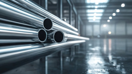 Shiny silver steel pipes leaning against a wall in a warehouse, reflecting the overhead lighting in the polished surfaces, showing industrial strength and precision.の素材