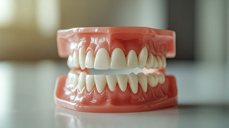 Close-up of a dental model of teeth with detailed gums, used for studying oral hygiene and dental care techniques, placed on a clean surface.の素材