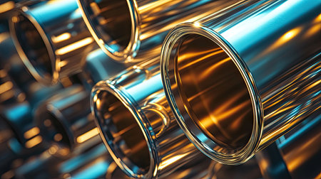 Close-up of a series of shiny steel pipes with reflective surfaces, showing the precision and durability of the material used in industrial applications.の素材