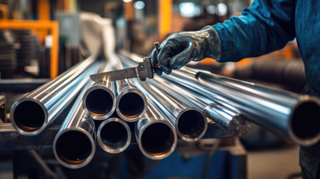 A worker measuring and cutting shiny silver steel pipes with precision tools in an industrial workshop, surrounded by materials ready for production.の素材