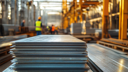 Stacks of metal sheets ready for installation in the construction of an industrial building, with workers in the background coordinating the project.の素材