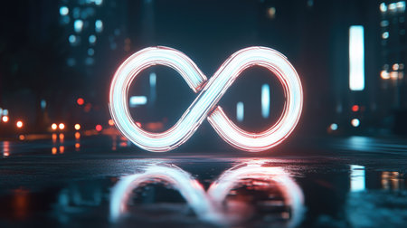 The infinity symbol drawn with neon lights, floating in a dark urban setting, representing endless innovation and possibilities in a modern world.の素材