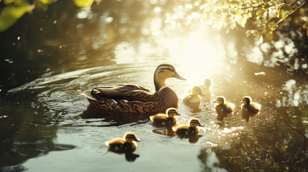 A mother duck and her ducklings swimming together in a pond, with light filtering through trees and casting soft shadows on the water's surfaceの素材