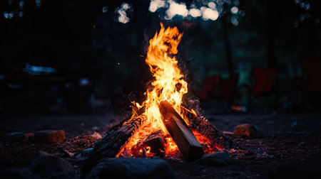 A roaring campfire burning fiercely at night, with flames rising high and illuminating the dark night, creating a cozy and inviting atmosphere for campers.の素材