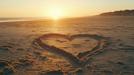 A romantic heart shape drawn in the sand on a beach, with the horizon stretching out in the background and the soft glow of the setting sun lighting the scene.の素材
