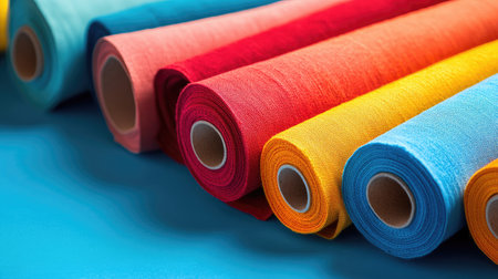 A set of cotton fabric rolls in a variety of vivid colors like blue, red, and orange, isolated on a clean background.の素材