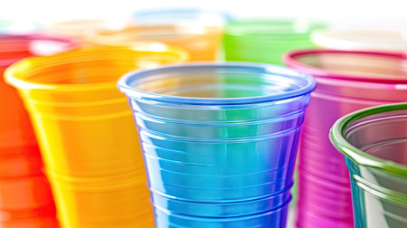 A group of colorful plastic cups stacked neatly, isolated against a white backdrop.の素材