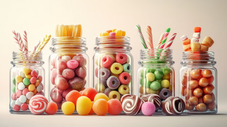 A set of glass jars filled with various types of candies such as fruit-flavored gummies, chocolate treats, and candy sticks, isolated against a light background.の素材