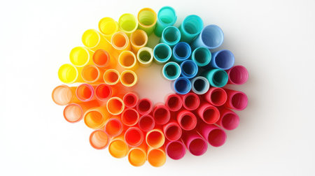 A group of plastic cups in various bright colors, arranged in a circular pattern on a white background.の素材