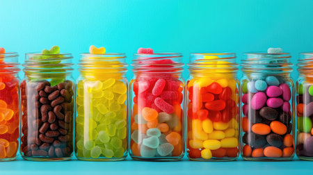A series of jars containing an array of colorful, sweet candies like gummy worms, jelly beans, and chocolate drops, isolated on a bright backdrop.の素材