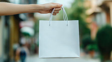 A hand holding a blank white shopping bag, providing a realistic mockup scene.の素材