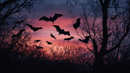 A group of bats soaring through the twilight sky, their dark wings casting shadows as they move quickly through the air.の素材