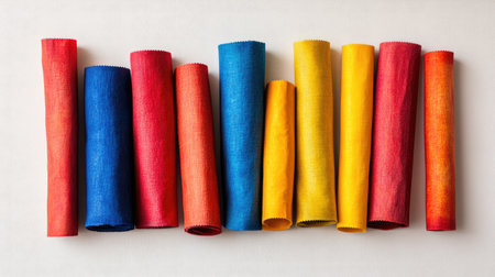 A series of cotton fabric rolls in a spectrum of colors, including bright reds, blues, and yellows, isolated on a neutral background.の素材