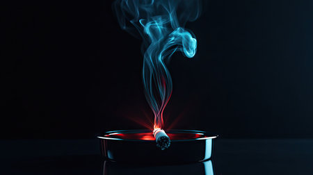 A lit cigarette in an ashtray with smoke swirling dramatically against a black backdrop.の素材