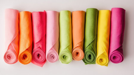A set of neatly rolled cotton fabrics in various vibrant colors like pink, green, and orange, isolated on a light background.の素材