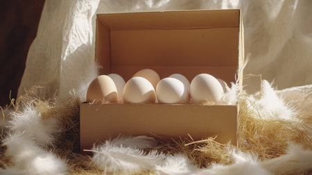 A set of eggs in a cardboard box, with feathers and hay scattered around for a fresh farm aesthetic.の素材