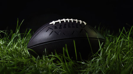 A leather-textured American football placed on freshly cut grass with a dramatic black background.の素材