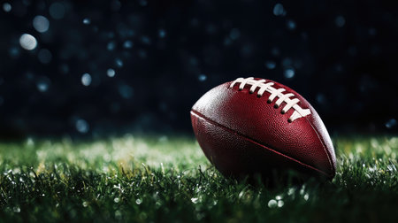A lone American football positioned on a field of grass, standing out against a dark background.の素材