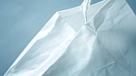 A high-quality close-up of a white blank shopping bag with crisp edges, ready for logo placement.の素材