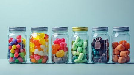 A series of jars filled with an assortment of sugary delights like candies, gummies, and chocolates, isolated against a neutral background.の素材