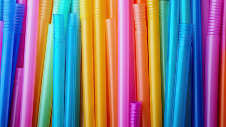 A high-angle view of multicolored drinking straws arranged randomly on a smooth surface.の素材
