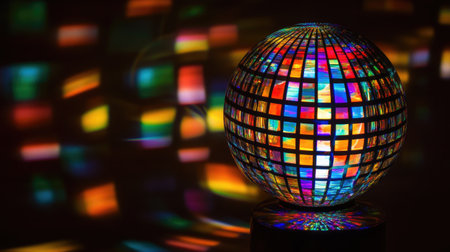 A holographic disco ball reflecting colorful lights against a dark background.の素材