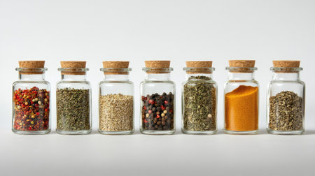 A series of glass jars containing different types of spices, including dried herbs and ground seasonings, isolated on a simple background.の素材