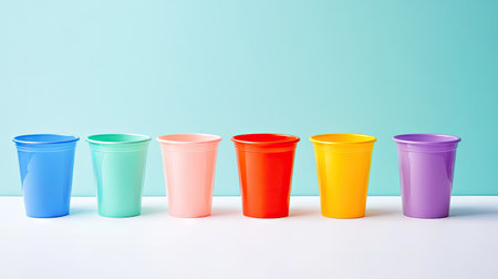 A lineup of plastic cups in bright hues, each showcasing a different color on a minimalist backdrop.の素材