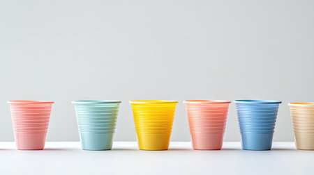A group of colorful plastic cups stacked neatly, isolated against a white backdrop.の素材